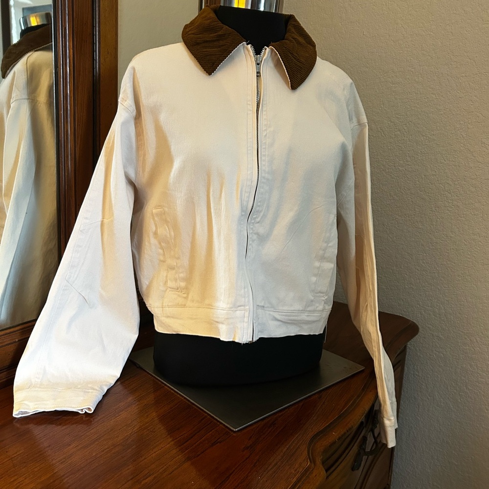 Project /Rebel Cream Cropped Jacket with Brown Corduroy Collar. Size S.